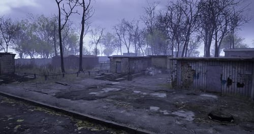 Abandoned Industrial Area with Overgrown Vegetation and Cloudy Sky