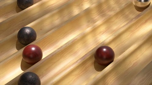 Animación 3D iluminada por el sol de esferas jaspeadas y metálicas corriendo por un laberinto de madera