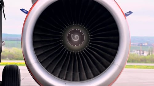 Riesiges Flugzeugtriebwerk, Nahaufnahme, sich vorwärts bewegt, Hitzedunst, fernes Flugzeug, das sich dahinter aufstellt
