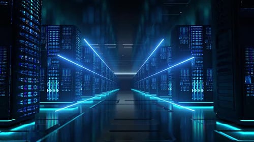 Futuristic Server Room with Glowing Data Lines Animation