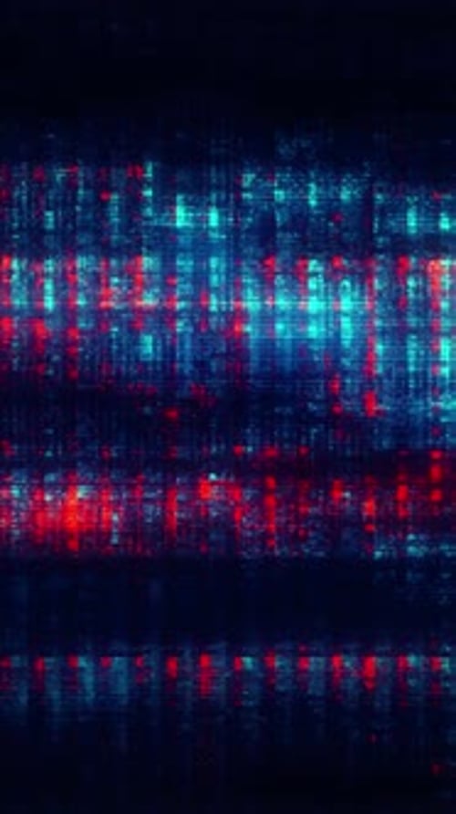 Red and Cyan Motion Blur Glitch Effect with Blocky Artifacts and Rapid Data Corruption Visuals