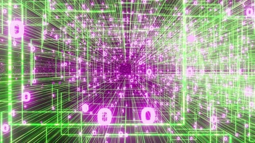 Cyberespace numérique vert avec rendu 3D des chiffres, un et des zéros scintillants. Connexion haut débit