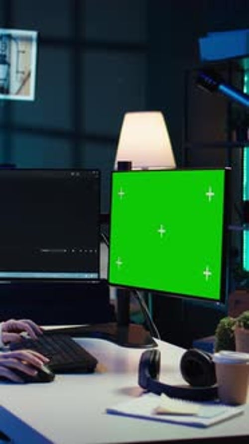 IT-Experte für vertikale Video in der Wohnung arbeitet am Mockup-Desktop-PC