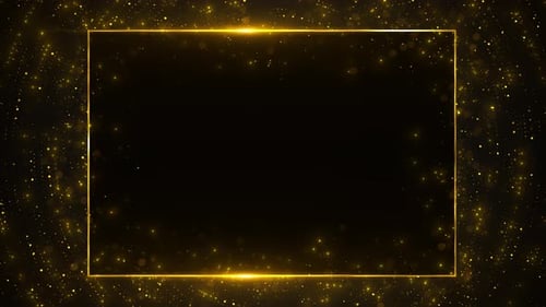 Glowing golden rectangle frame sparkling particles, shimmering dark backdrop. glitter effect creates