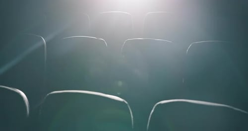 Empty, cinema and seat with lights, entertainment and theatre with movie and row