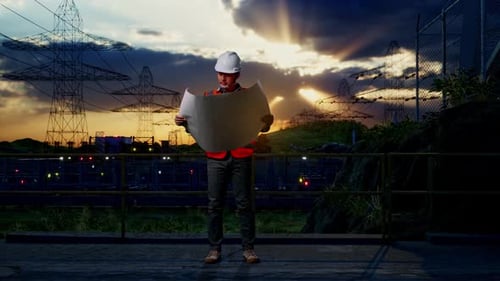 Ganzkörper eines asiatischen männlichen Ingenieurs, der an einem Laptop in der Nähe des Hochspannungsmastes arbeitet