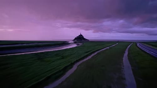 Aerial view of Mont Saint Michel at low tide, France.