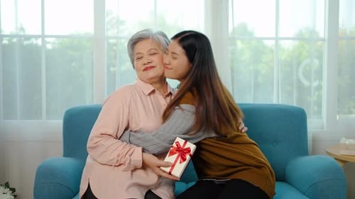 Young Woman Giving Gift to Senior Woman Indoors