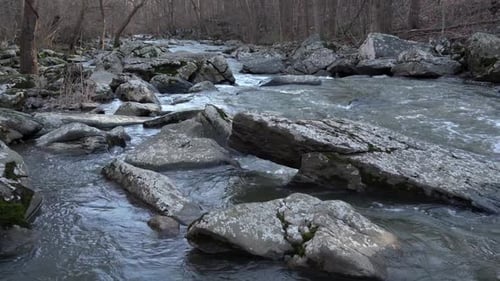 A river running over the rocks and boulders in the forest in the autumn season.