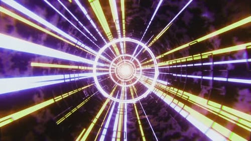 Sci-fi futuristic tunnel with glowing lines. Rotating circles and rays in tunnel