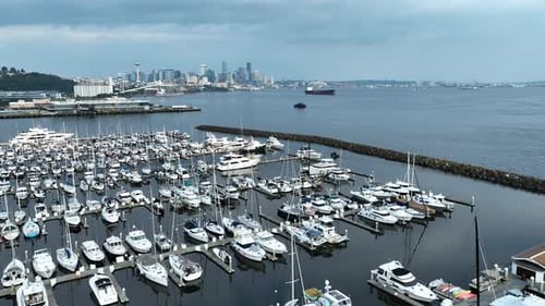 Vue aérienne sur la marina d'Elliott Bay, horizon de Seattle en arrière-plan, journée ensoleillée