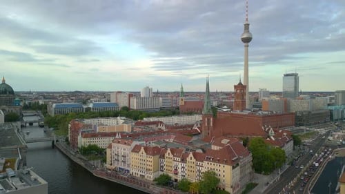 Magic aerial view flight panorama overview drone
of skyline Berlin city center at summer 2022. 4k ma