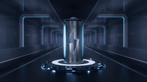 Animated Futuristic Battery with Neon Lightning Symbol in Tech Tunnel