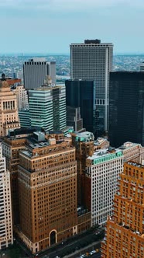 Complex of beautiful buildings standing close to each other. Diverse skyscrapers in New York