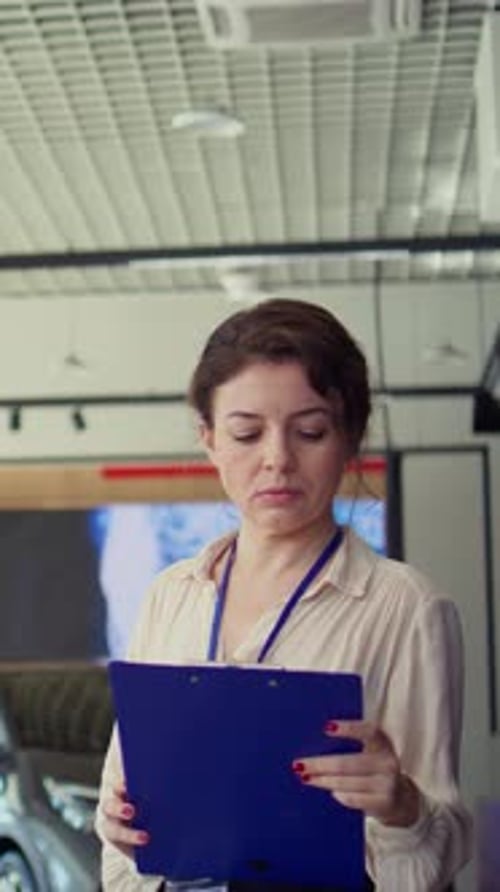 Professional Woman Smiling Holding Clipboard at Workplace