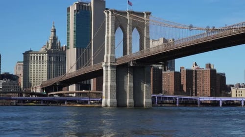 Brooklyn Bridge over East River connecting Manhattan New York to Brooklyn USA