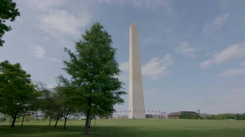 Washington Monument and American Flags on Sunny Day