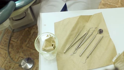 Dental tools arranged on a table in clinic