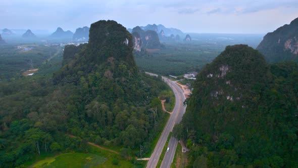 Aerial View of the Road Between Rocks with Cars and Trucks, Nature ...