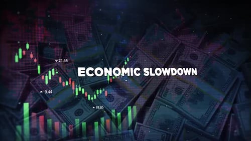 Economic Slowdown Words On Economic Background With Decrease Bar Chart Graph And Arrow