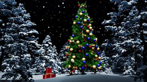 Animated Christmas Tree with Falling Snow in Winter Forest