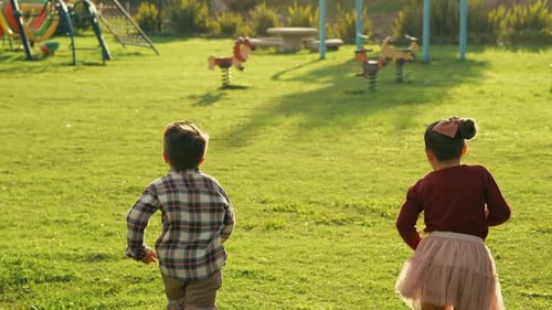 Kids Brothers Friends Cousins Happy Running Through Green Grass Park A Happy Day