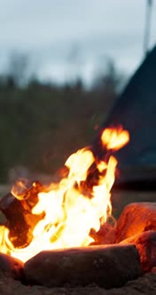 Campfire Flames Burning Brightly at an Outdoor Campsite