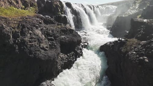 Icelandic Canyons and Waterfalls Aerial View Summer Day