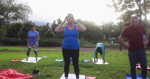 Multiracial senior friends enjoying yoga exercise outdoors in sunny city park