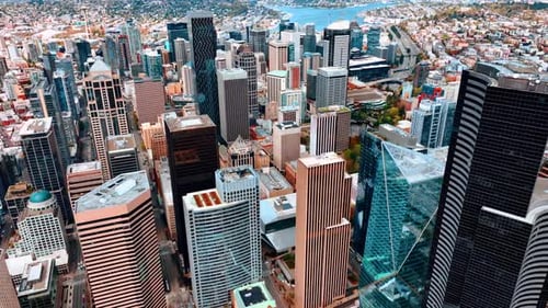Flying above the stunning cityscape of Seattle downtown with gorgeous skyscrapers in the center.
