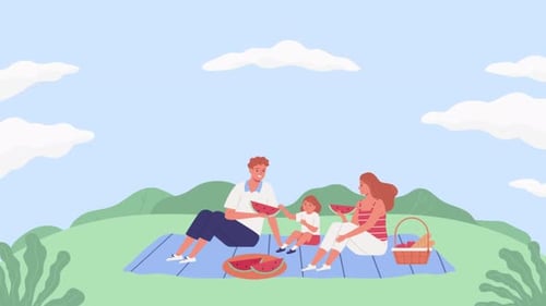 Animated Family Picnic Scene in Flat Design Style