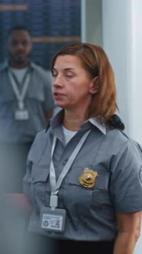 Security Checkpoint in Airport Female Security Officer Instructs Diverse People Passengers
