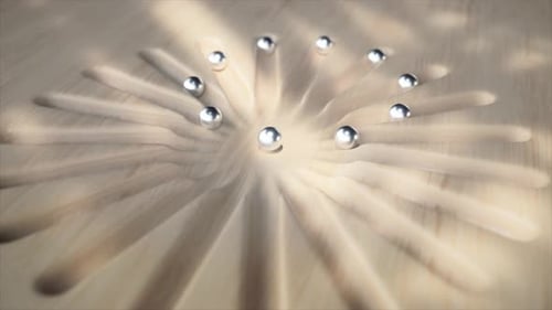Striking 3D Animation of Colorful Chrome Spheres Retracting on a Dark Wooden Surface Offering a Rich
