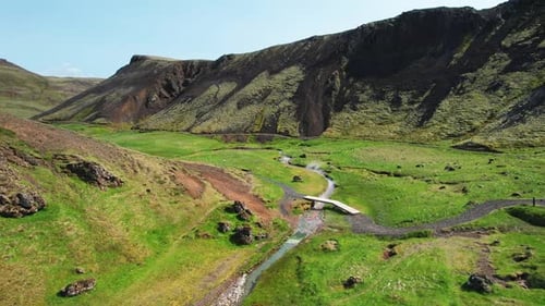 Tourist Routes Through Volcanic Mountain Valley Iceland Northern Landscape From Height Beautiful