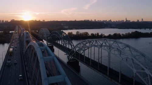 Aerial Perspective View of Urban Bridge Over the River