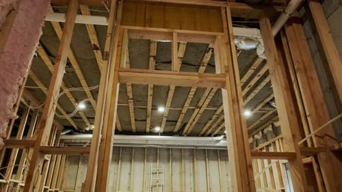 Wood Building Frame Structure on a New Development Framing in Basement and Hvac System of New House