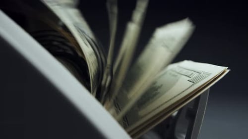 Money counting equipment for paper money calculation. mechanism for bank financial operations.