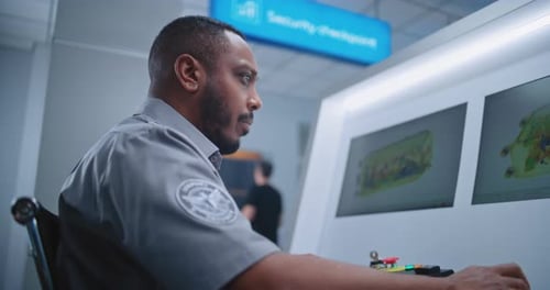 Security Agent Inspecting Luggage at Airport Checkpoint