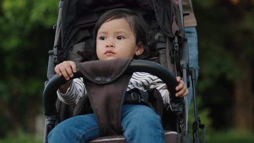 mother pushing toddler baby stroller and walking in the park
