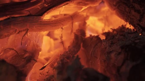 Close Up of Glowing Wood Embers and Burning Charcoal in Fireplace