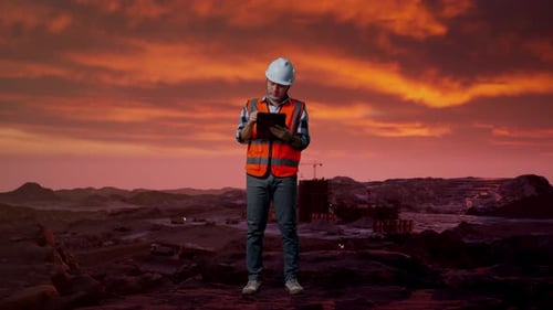 Asian Male Engineer Taking Note On The Tablet at Construction Site, Mining Machinery