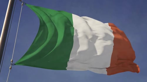 Realistic Irish Flag Waving Animation on Blue Sky