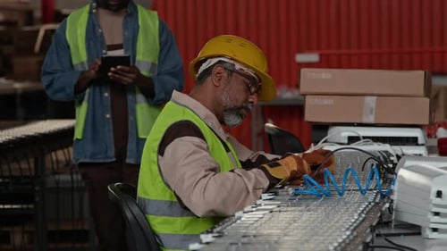 Un spécialiste de la chaîne de montage masculine biraciale mature positionne les fils avant le soudage