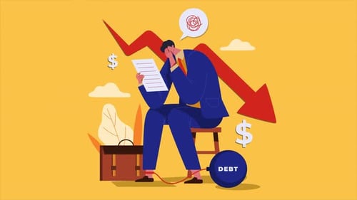 man sits worried about his debts, bankruptcy, economic crisis animation 4k