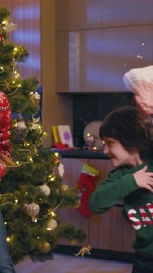 Family Celebrates Together near Christmas Tree Indoors