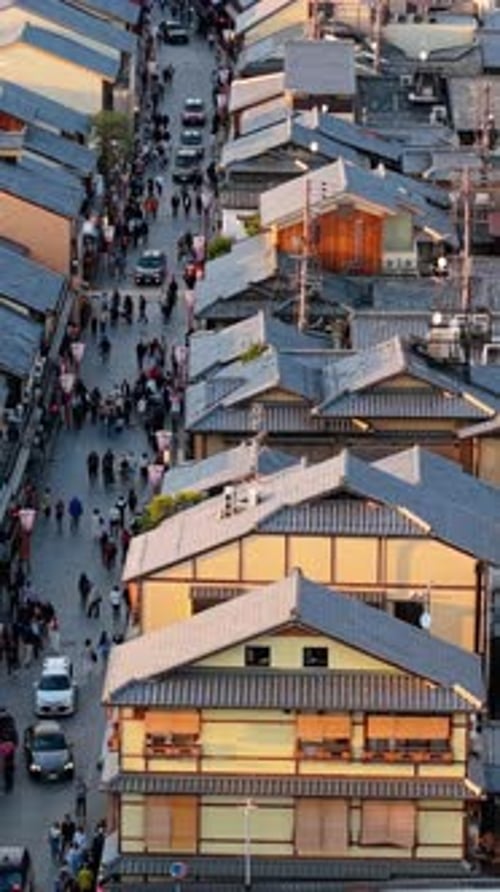 Aerial drone view of the Hanamikoji Street in Kyoto, Japan in daylight