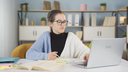 Woman Studying with Laptop and Notebook at Desk