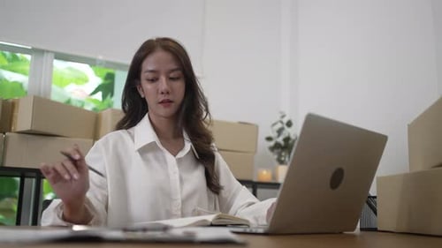 Woman Working from Home Using Laptop Computer