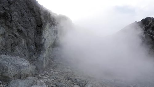 Lots of sulfur smoke coming out of Mount Sibayak volcano in North Sumatra, Indonesia