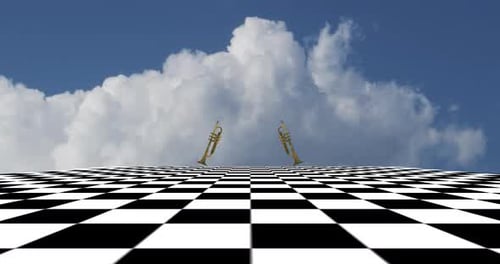 Animated Trumpets Flying Over Geometric Chessboard Floor Loop